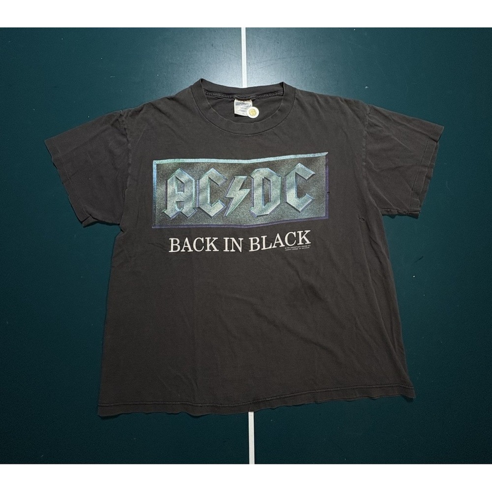 Vintage ACDC Back In Black World‎ Tour T Shirt Men's Large 90s Shaved Head Rare